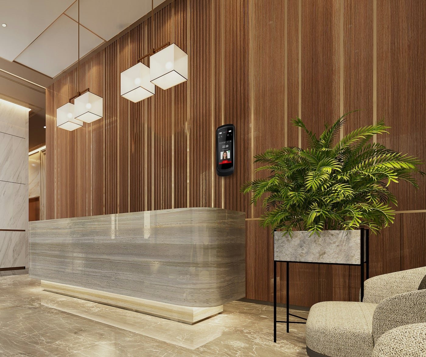 Leitor facial Control iD instalado na recepção de um hotel